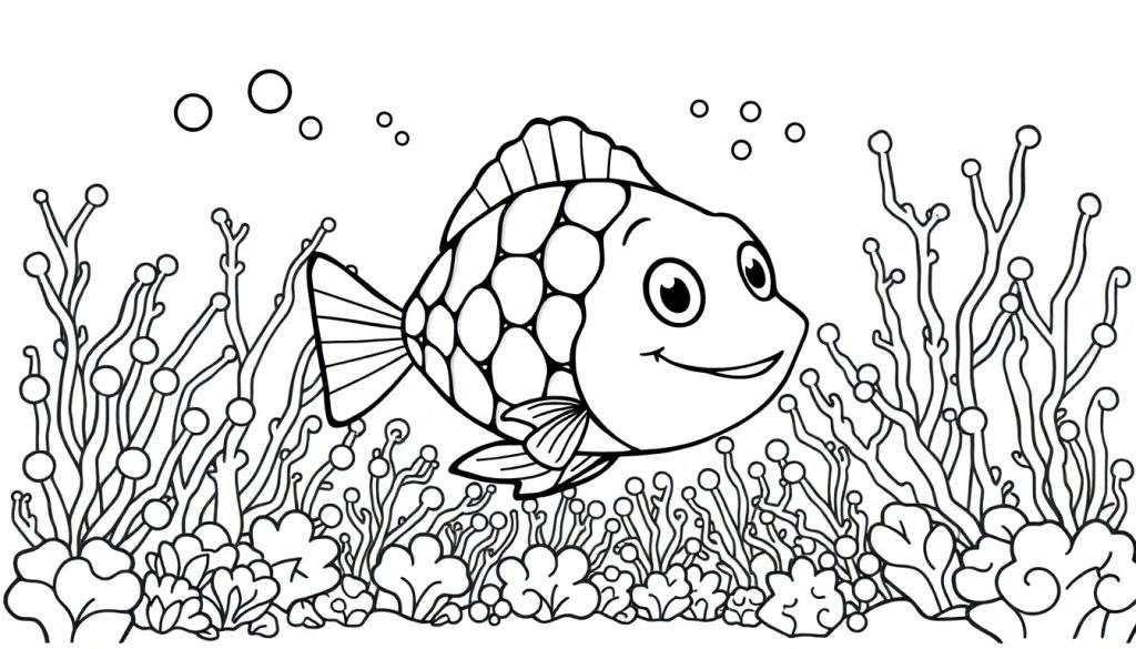 Kleurplaat van een vrolijke vis met grote ogen en glimmende schubben die tussen zeewier zwemt.