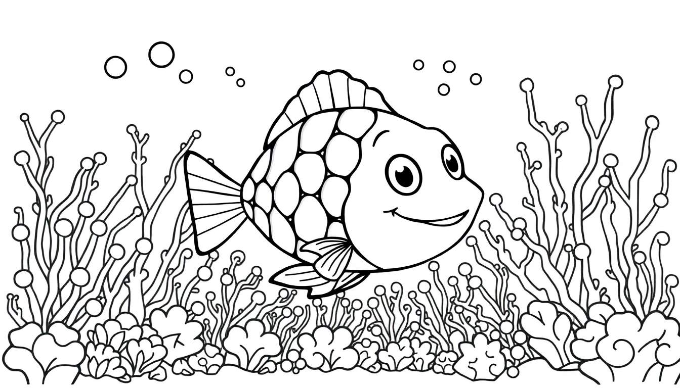 Kleurplaat van een vrolijke vis met grote ogen en glimmende schubben die tussen zeewier zwemt.