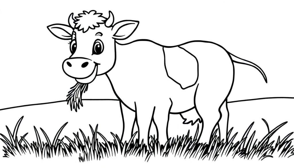 Kleurplaat van een lachende koe die gras eet in een weiland.