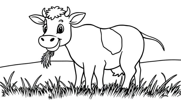 Kleurplaat van een lachende koe die gras eet in een weiland.