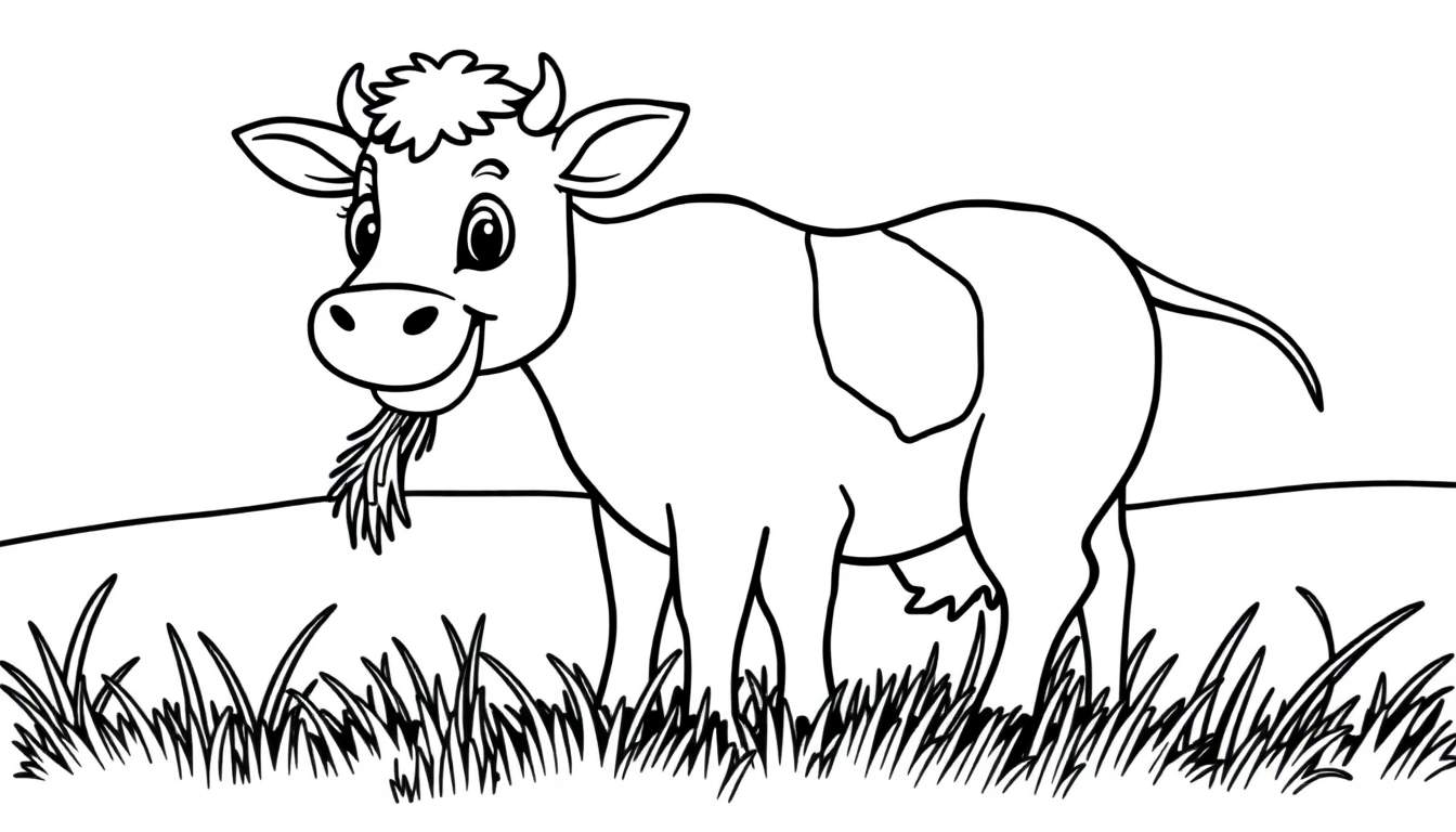 Kleurplaat van een lachende koe die gras eet in een weiland.