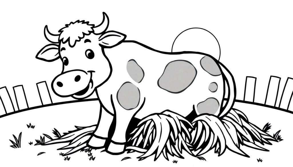 Kleurplaat van een vrolijke koe in een weiland.