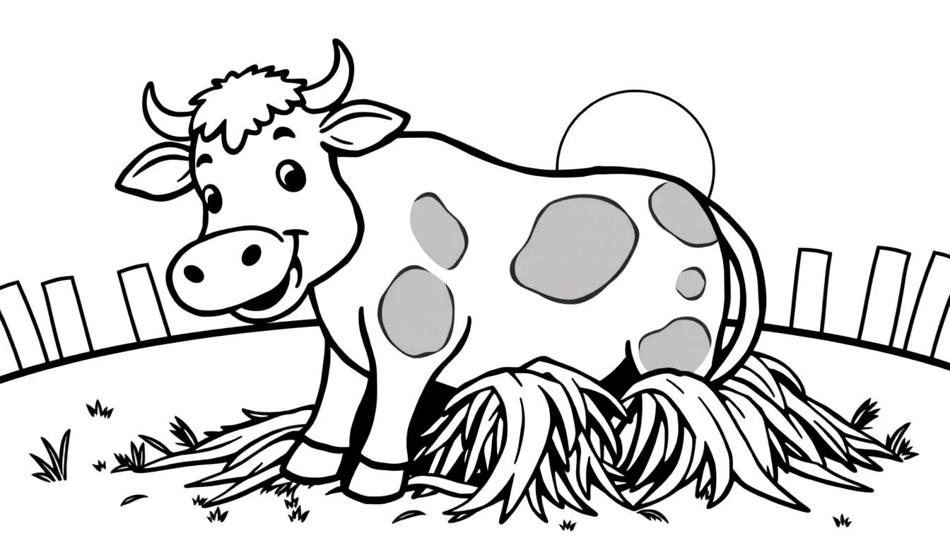 Kleurplaat van een vrolijke koe in een weiland.