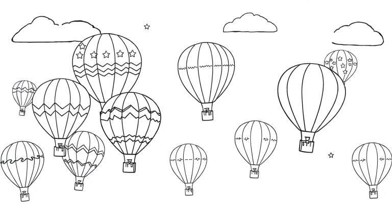 Kleurplaat van dertien verschillende luchtballonnen met patronen en patronen zoals golven, zigzags en sterren, zwevend in de lucht met drie wolken en twee sterren.