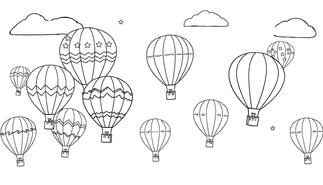 Kleurplaat van dertien verschillende luchtballonnen met patronen en patronen zoals golven, zigzags en sterren, zwevend in de lucht met drie wolken en twee sterren.