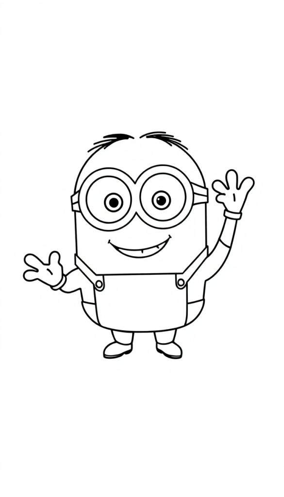 Kleurplaat van een lachende Minion die zwaait.