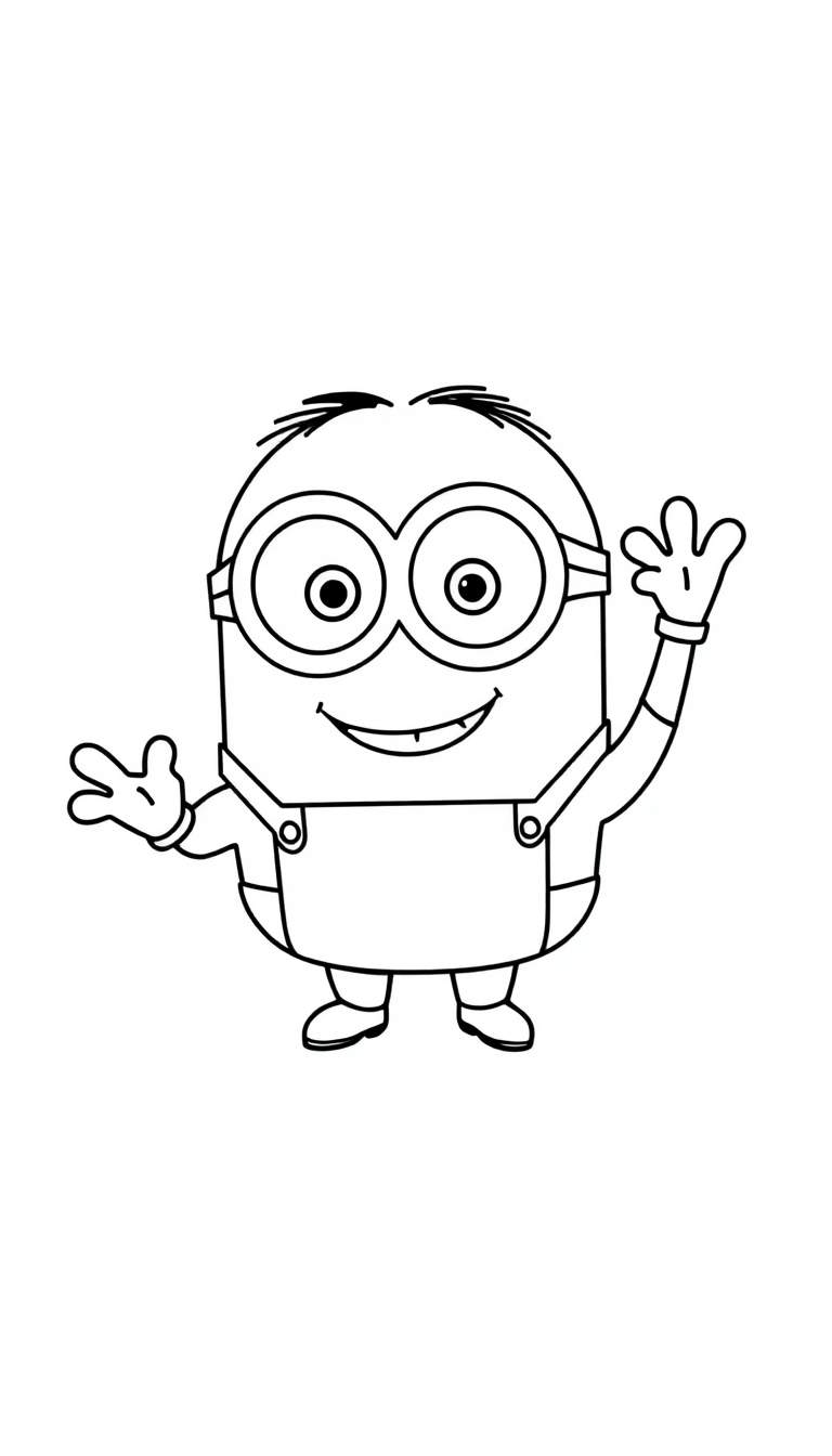 Kleurplaat van een lachende Minion die zwaait.