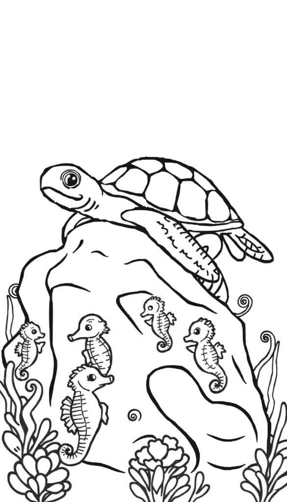 Kleurplaat van een vrolijke onderwaterscène met een grote zeeschildpad op een rots, omringd door zwemmende zeepaardjes en zeeplanten.