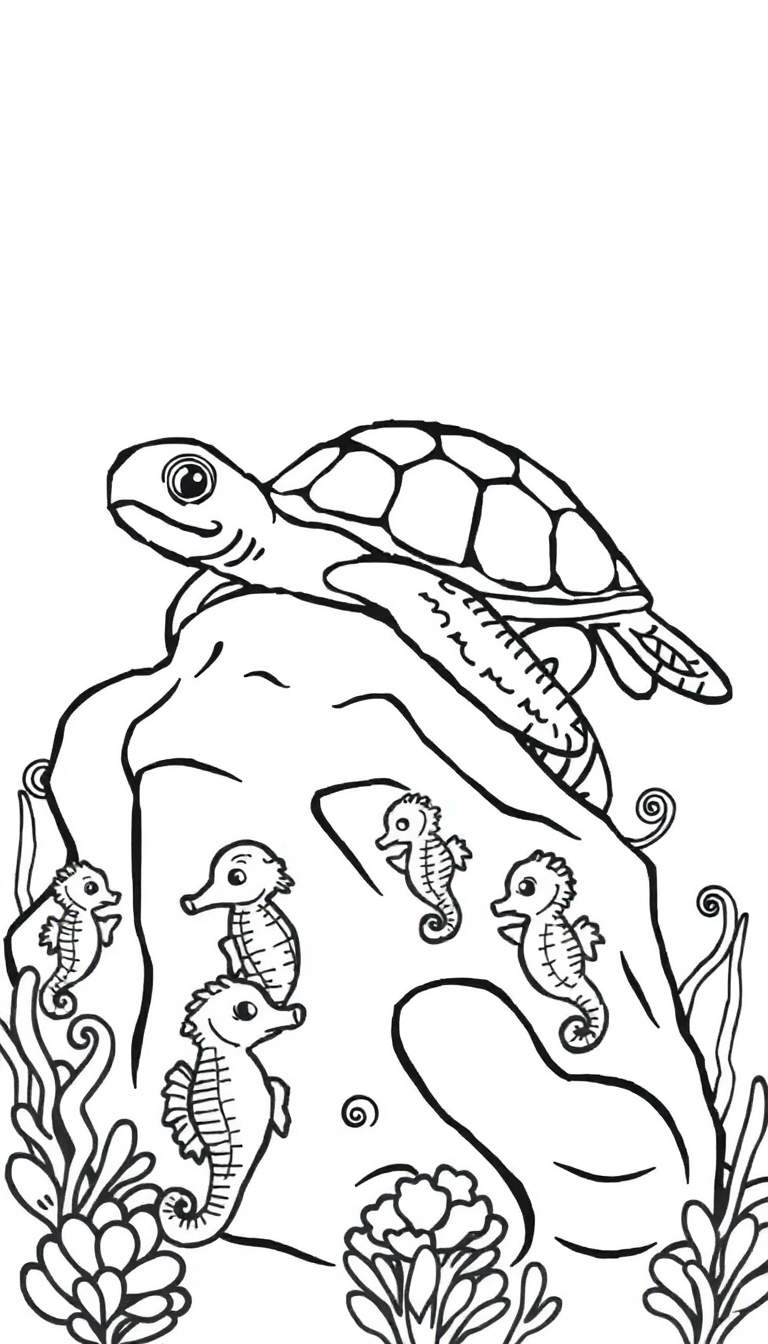 Kleurplaat van een vrolijke onderwaterscène met een grote zeeschildpad op een rots, omringd door zwemmende zeepaardjes en zeeplanten.