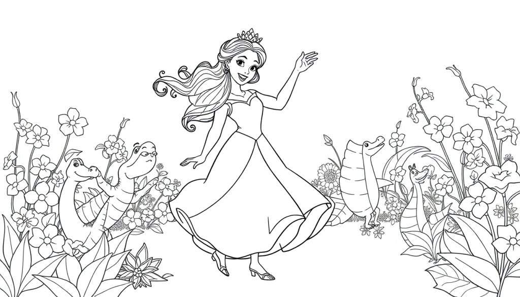 Kleurplaat van een lachende prinses met een kroon, omringd door bloemen en cartoon krokodillen.