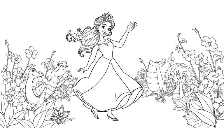 Kleurplaat van een lachende prinses met een kroon, omringd door bloemen en cartoon krokodillen.