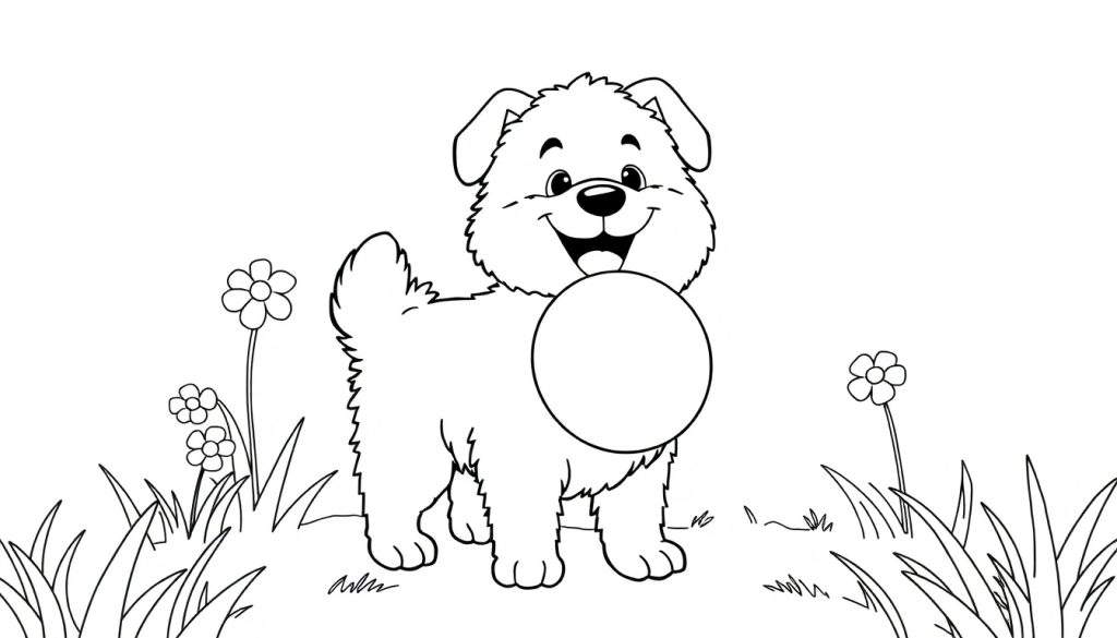 Zwart-witte kleurplaat van een blije puppy met een bal in zijn bek, staand in een grasveld met bloemen.