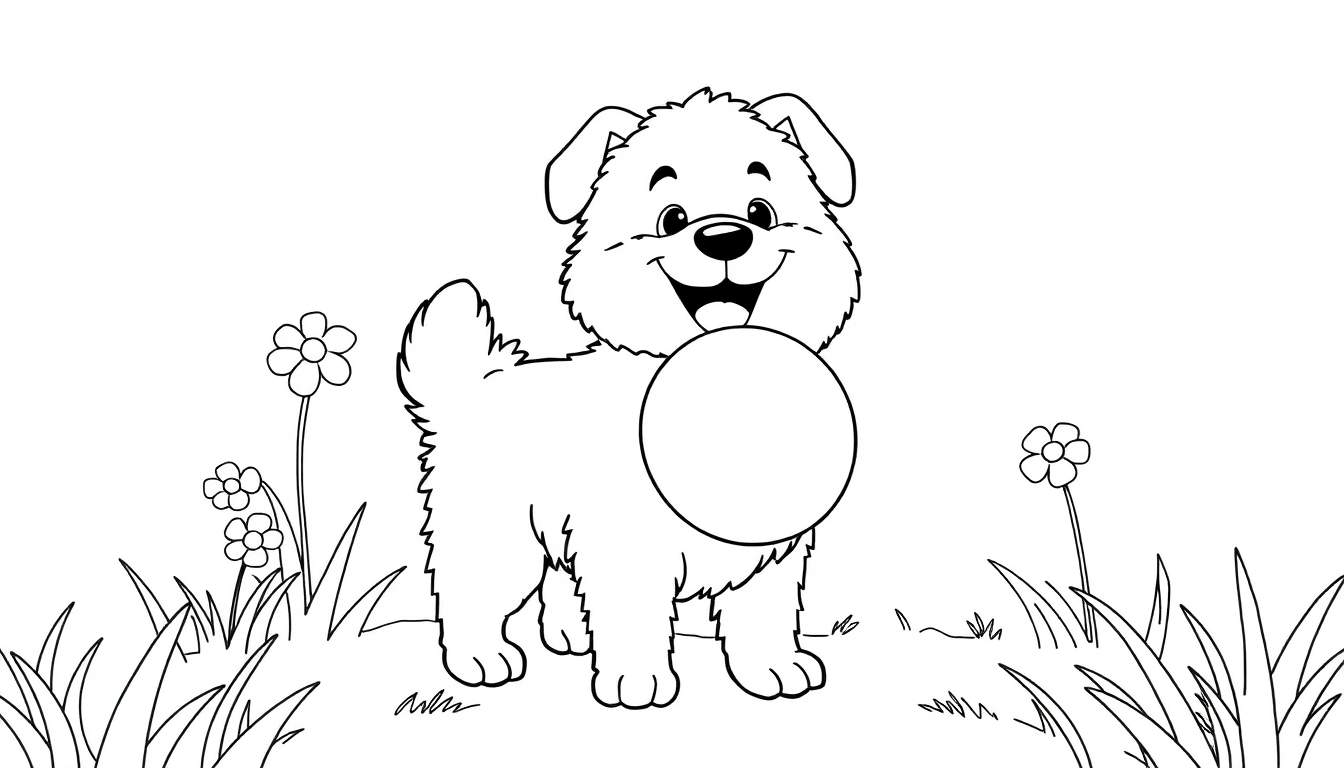 Zwart-witte kleurplaat van een blije puppy met een bal in zijn bek, staand in een grasveld met bloemen.