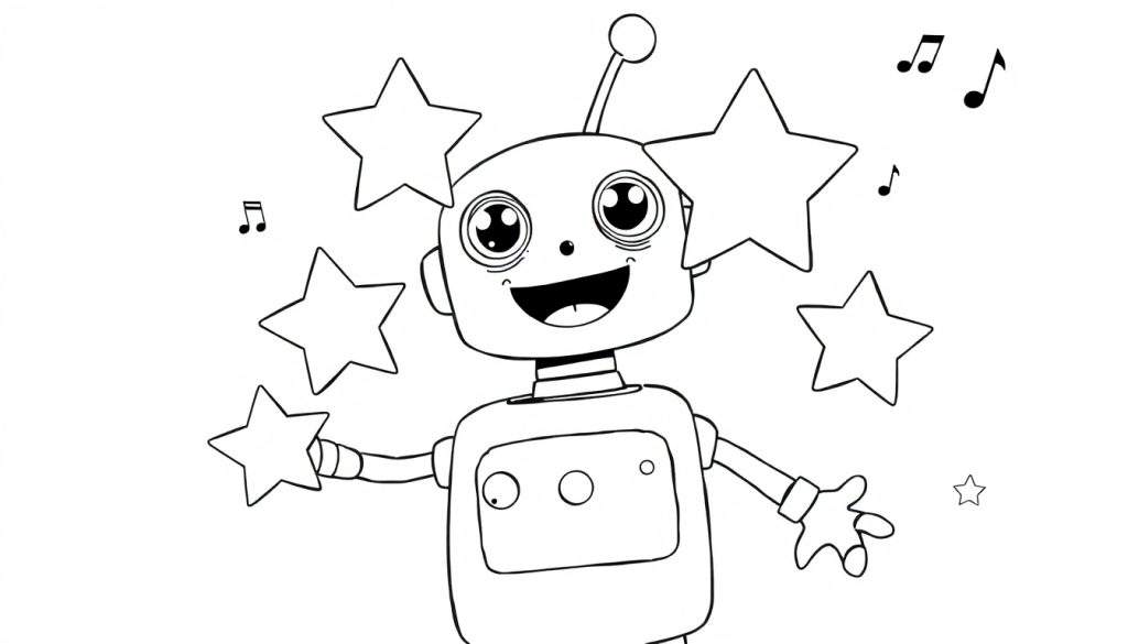 Een vrolijke zwarte-wit kleurplaat robot met sterren en muzieknoten.