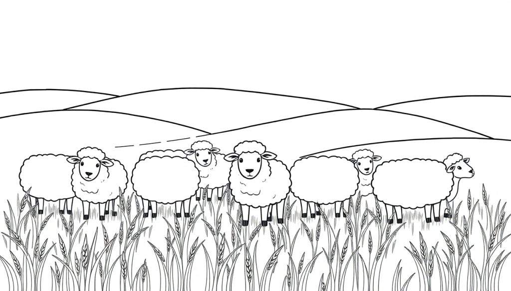 Kleurplaat van schapen in een graanveld met heuvels op de achtergrond.