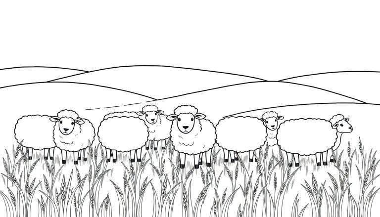 Kleurplaat van schapen in een graanveld met heuvels op de achtergrond.