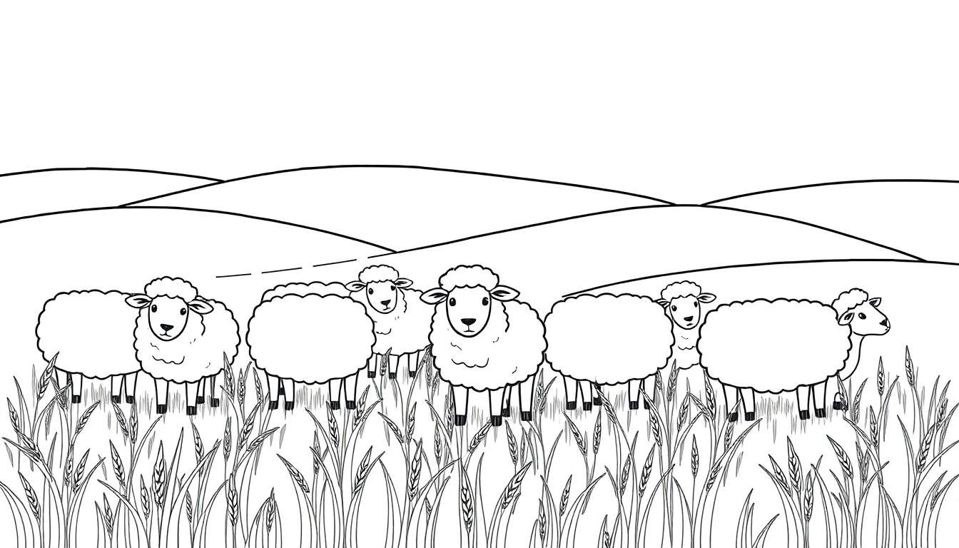 Kleurplaat van schapen in een graanveld met heuvels op de achtergrond.