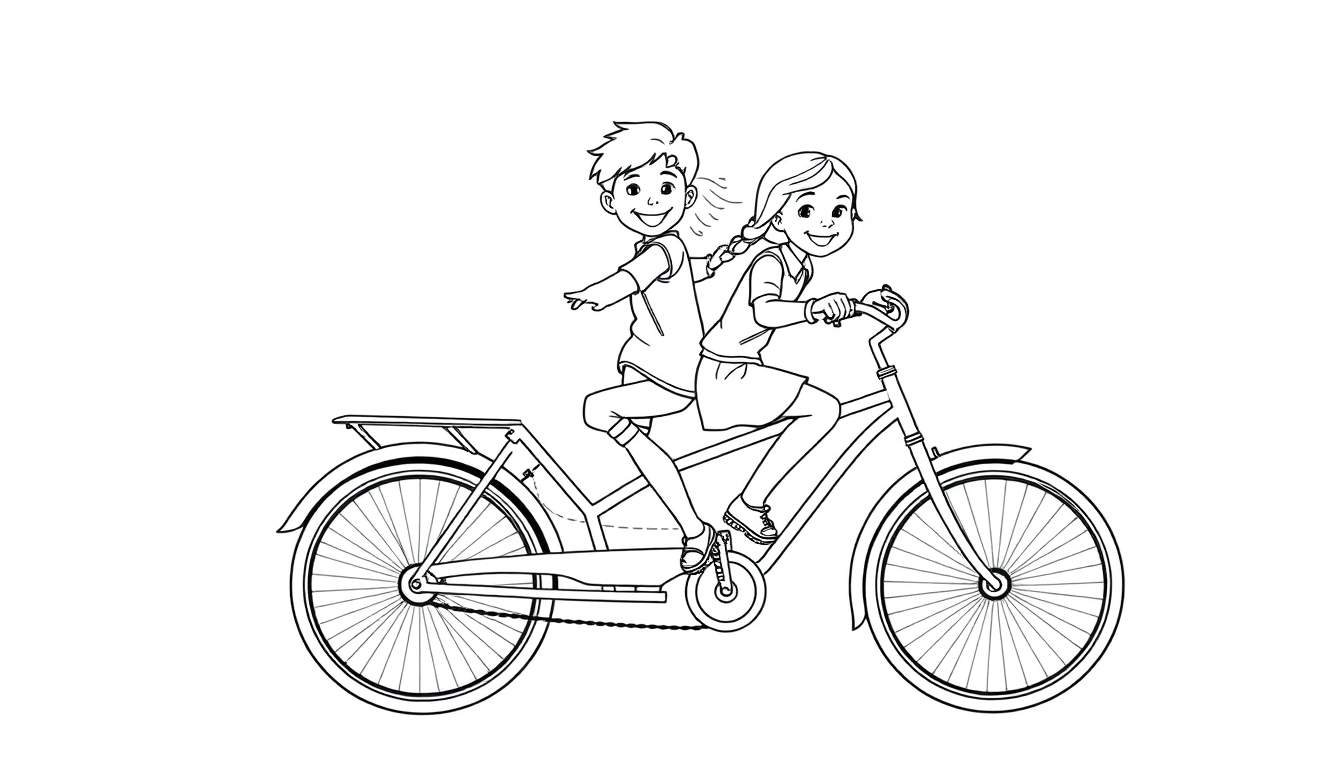 Kleurplaat van een jongen en meisje die samen op een tandem fietsen, lachend.