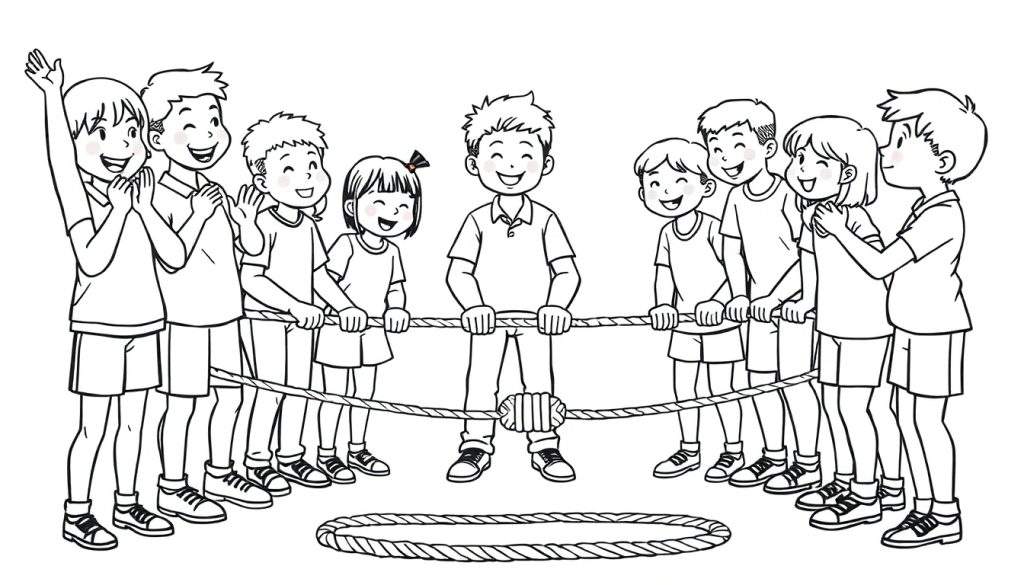 Kleurplaat van kinderen in een touwtrekwedstrijd op school.
