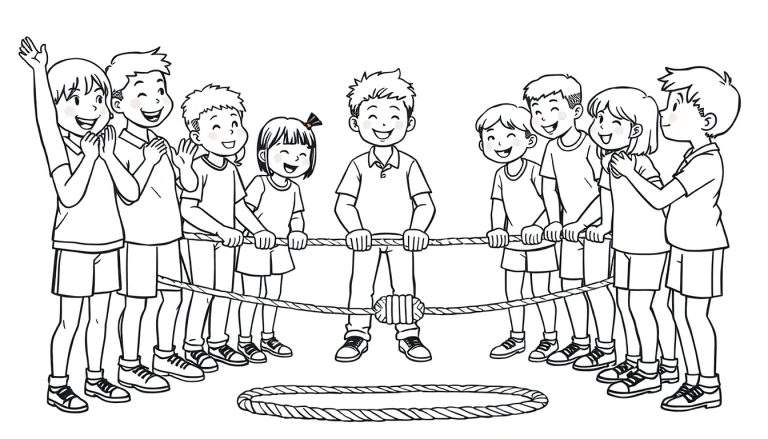 Kleurplaat van kinderen in een touwtrekwedstrijd op school.