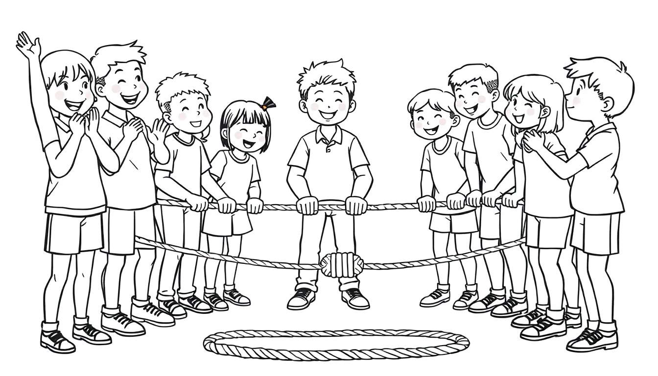 Kleurplaat van kinderen in een touwtrekwedstrijd op school.