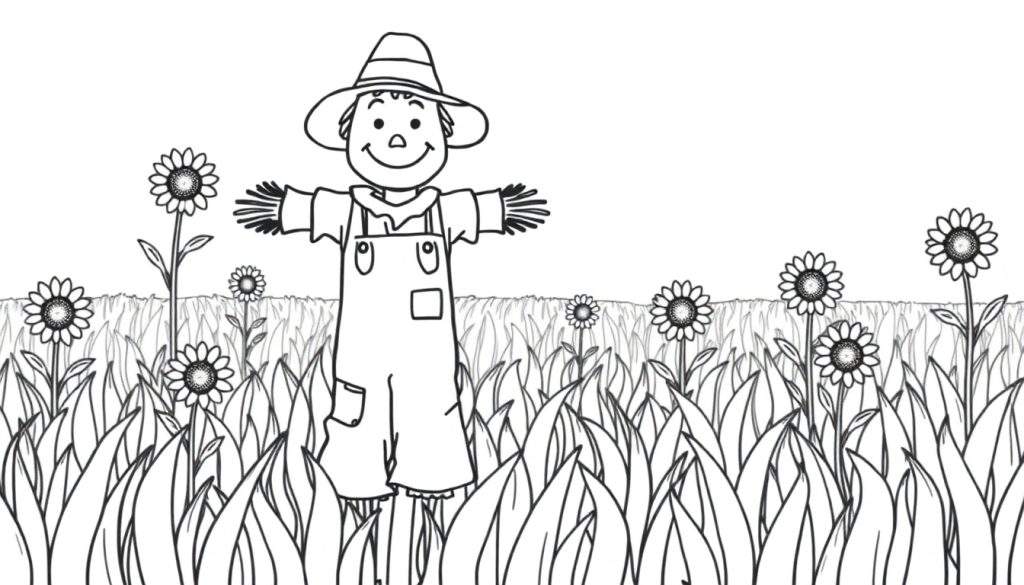 Kleurplaat van een blije vogelverschrikker in een veld vol zonnebloemen, met gespreide armen.