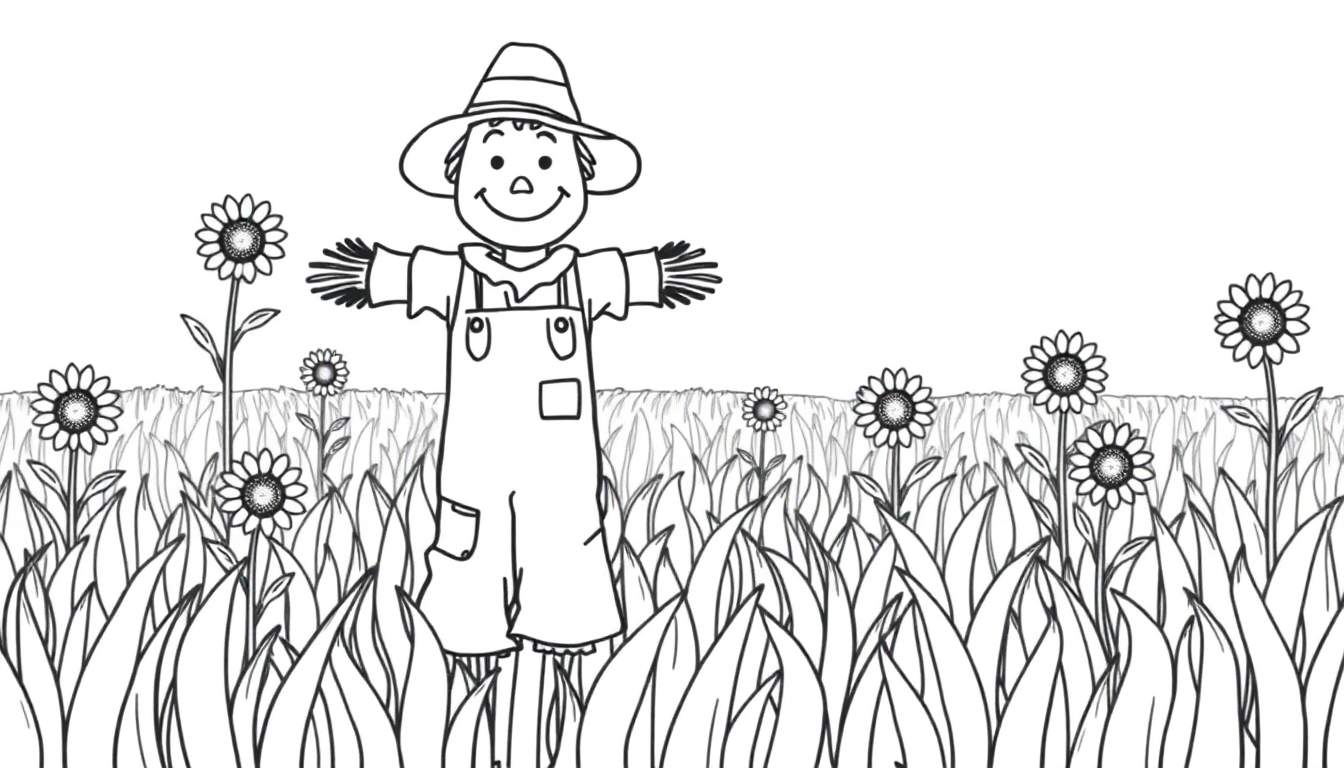 Kleurplaat van een blije vogelverschrikker in een veld vol zonnebloemen, met gespreide armen.