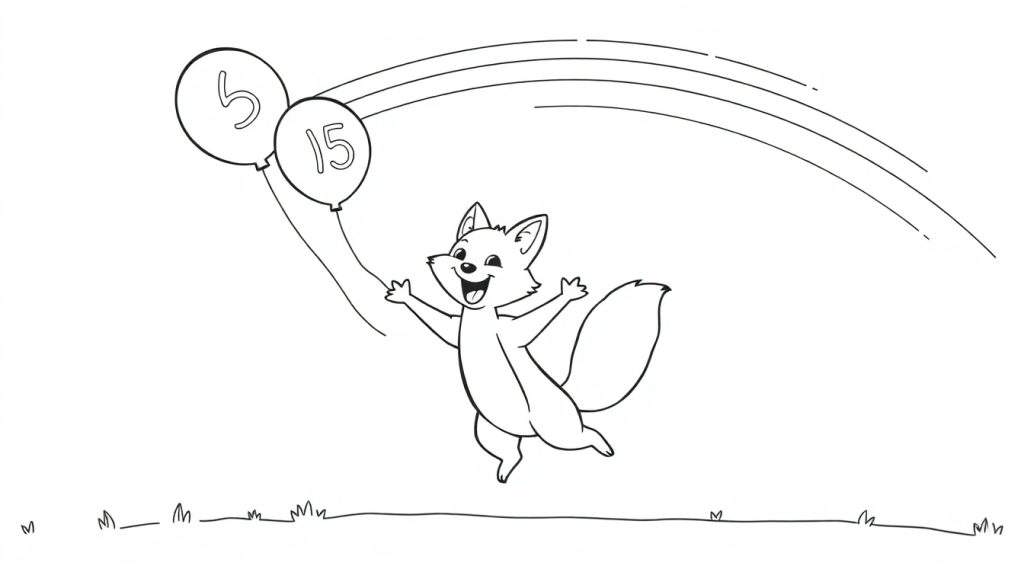 Een vrolijke vos met ballonnen met de cijfers 5 en 15, klaar om te springen, in een kleurplaat.