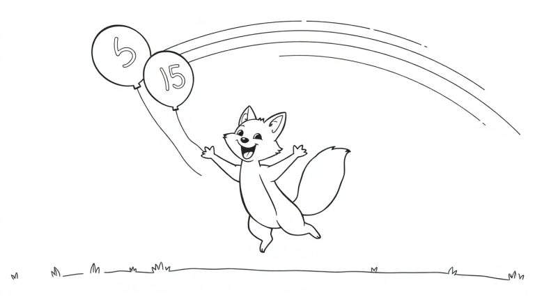 Een vrolijke vos met ballonnen met de cijfers 5 en 15, klaar om te springen, in een kleurplaat.