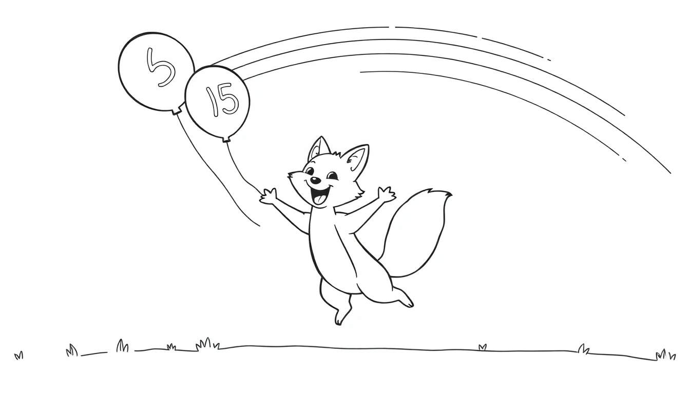 Een vrolijke vos met ballonnen met de cijfers 5 en 15, klaar om te springen, in een kleurplaat.