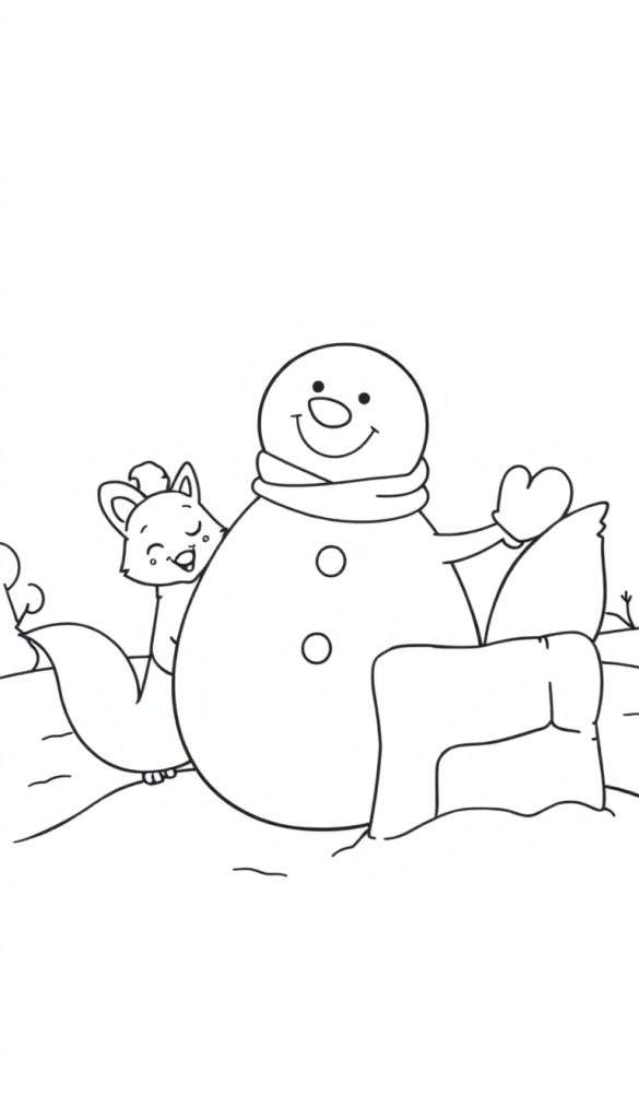 Kleurplaat van een lachende sneeuwman met een vos in de winter.