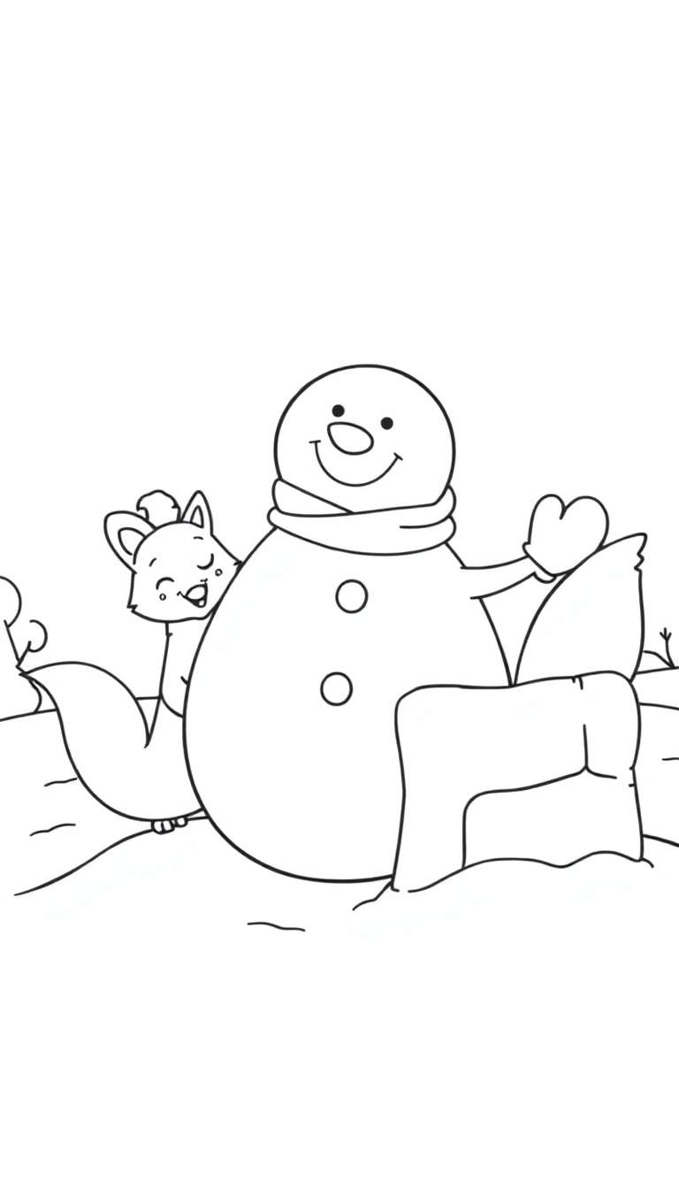 Kleurplaat van een lachende sneeuwman met een vos in de winter.