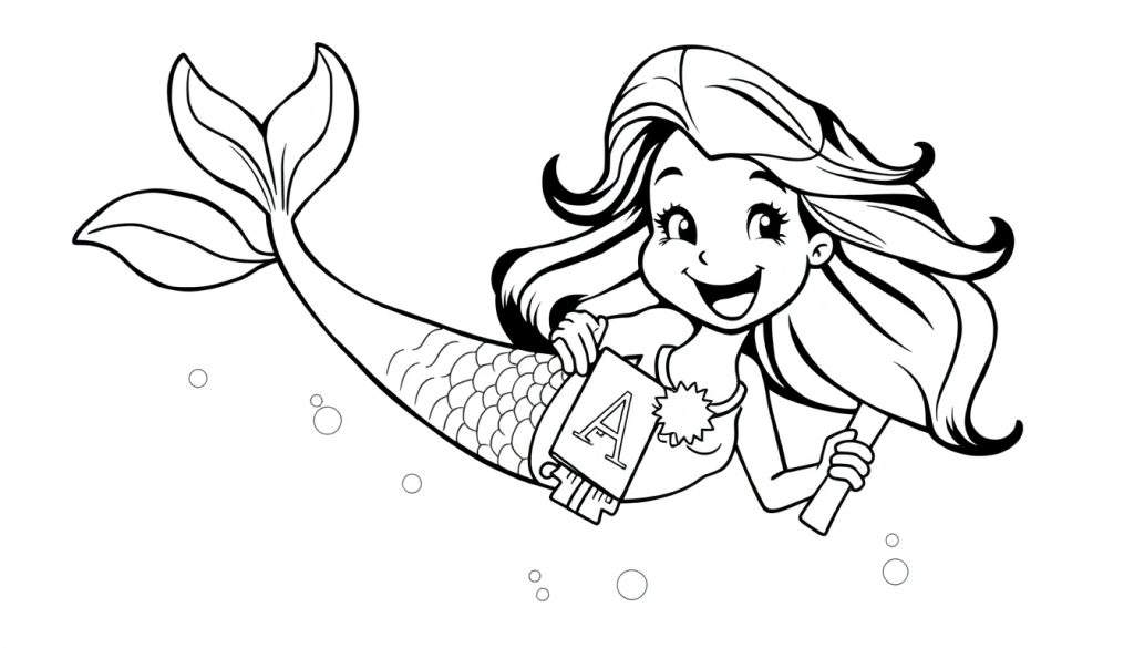 Zwart-witte kleurplaat van een vrolijke zeemeermin met A-diploma.