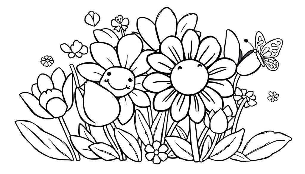 Zwart-wit kleurplaat met bloemen en een vlinder, klaar om ingekleurd te worden.