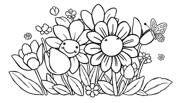 Zwart-wit kleurplaat met bloemen en een vlinder, klaar om ingekleurd te worden.