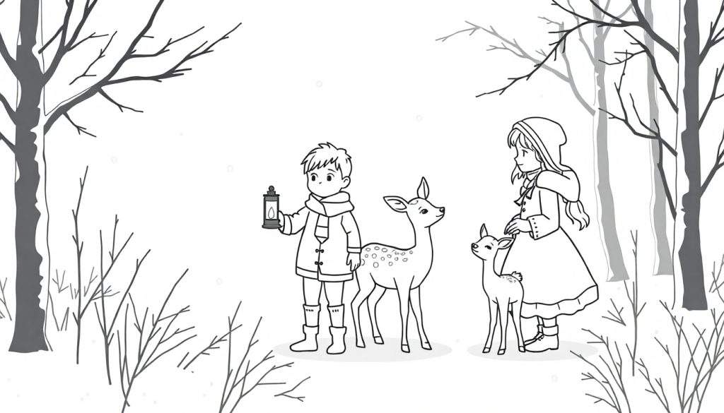 Zwart-wit kleurplaat van twee kinderen in de sneeuw met herten, één kind met lantaarn.
