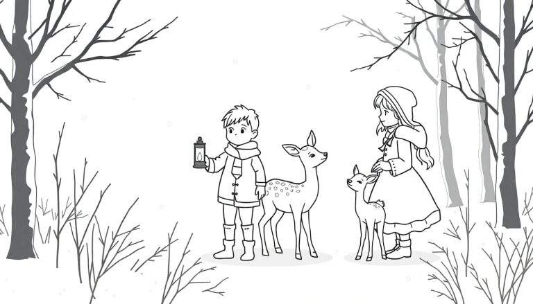 Zwart-wit kleurplaat van twee kinderen in de sneeuw met herten, één kind met lantaarn.