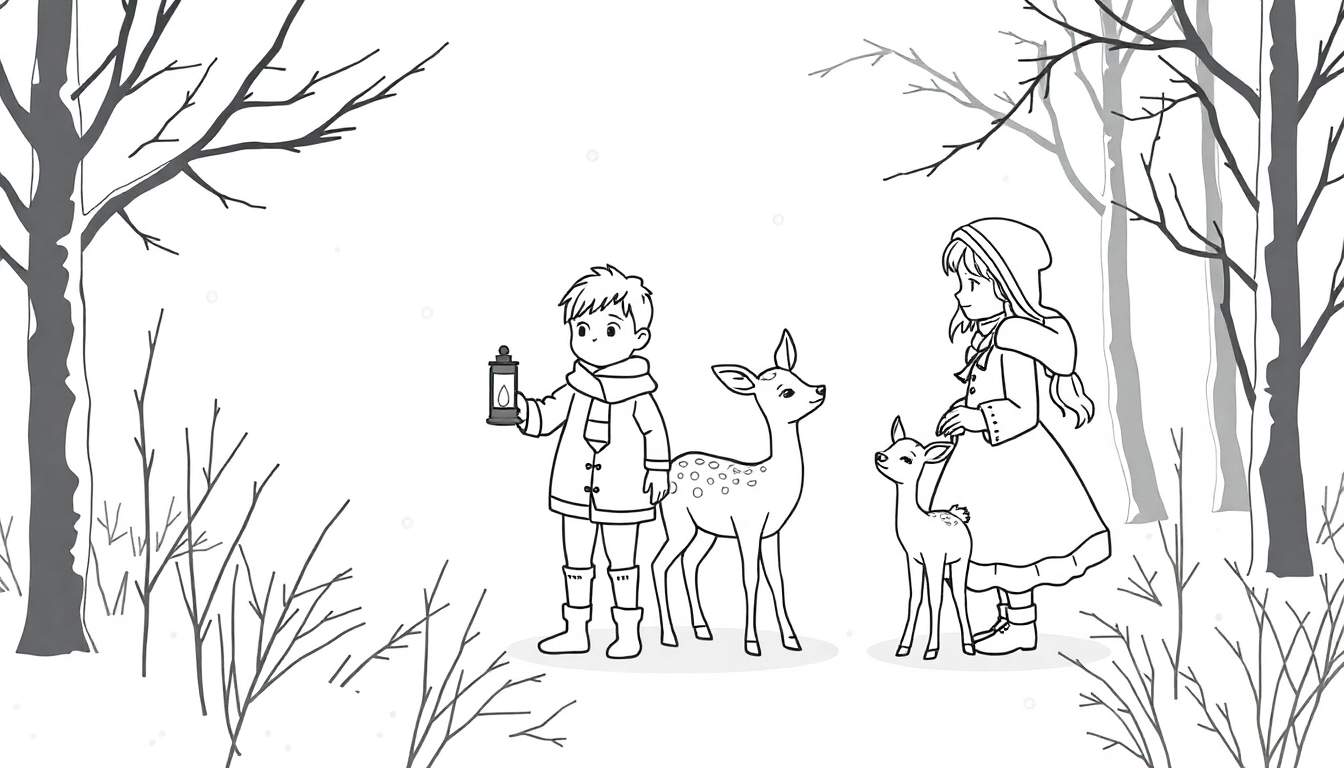 Zwart-wit kleurplaat van twee kinderen in de sneeuw met herten, één kind met lantaarn.