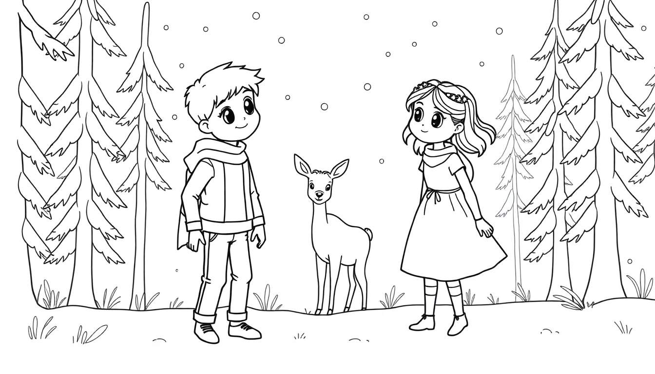 Kleurplaat van een jongen en meisje die een hert zien in een besneeuwd bos.