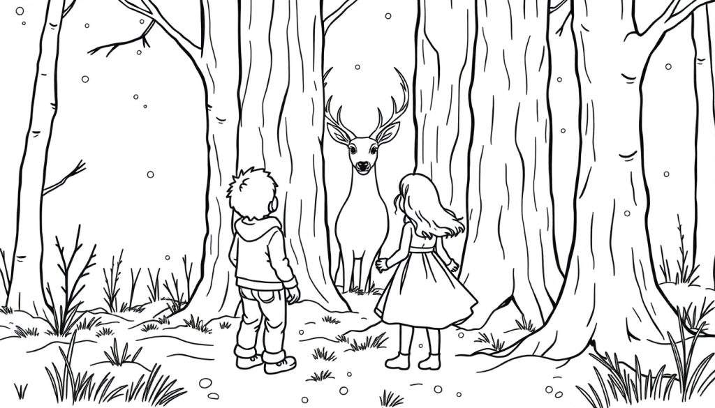 Een jongen en een meisje kijken naar een hert in een besneeuwd bos, een kleurplaat.