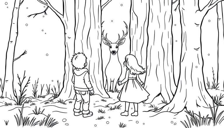 Een jongen en een meisje kijken naar een hert in een besneeuwd bos, een kleurplaat.