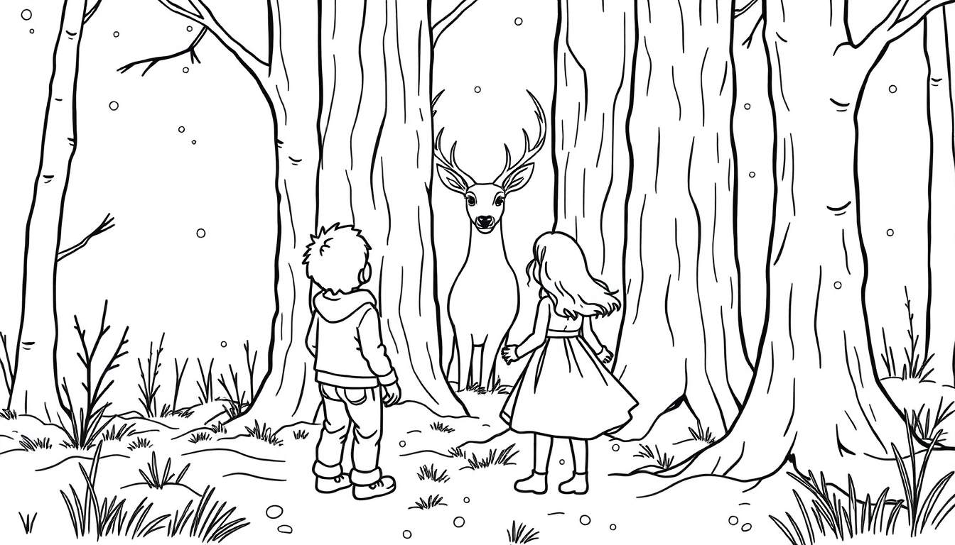 Een jongen en een meisje kijken naar een hert in een besneeuwd bos, een kleurplaat.