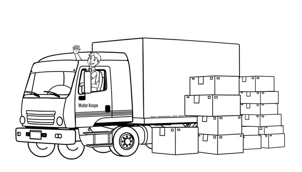 Kleurplaat van een Wolter Koops vrachtwagen met hoge stapel dozen en zwaaiende chauffeur.