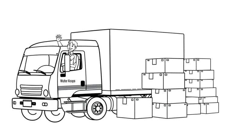 Kleurplaat van een Wolter Koops vrachtwagen met hoge stapel dozen en zwaaiende chauffeur.
