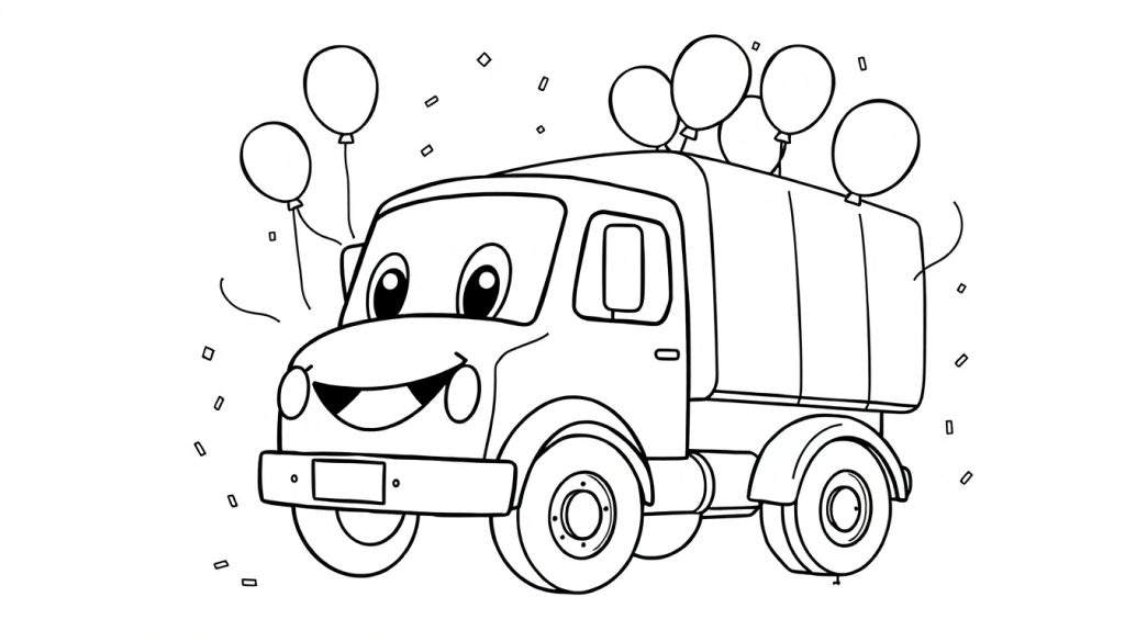 Kleurplaat van een lachende Wolter Koops vrachtwagen met ballonnen en confetti.