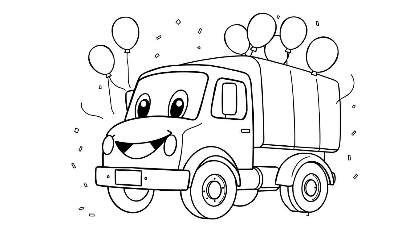 Kleurplaat van een lachende Wolter Koops vrachtwagen met ballonnen en confetti.