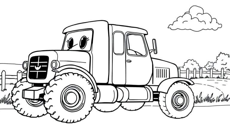 Een kleurplaat van een vrolijke cartoon truck met grote wielen in een veld.