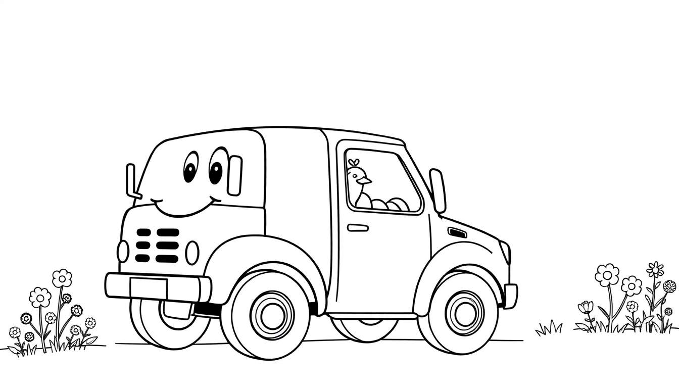 Kleurplaat van een vrolijke cartoonauto met een vogel als bestuurder, rijdend door een bloemenveld.