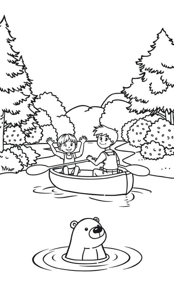 Kleurplaat van blije kinderen in een kano op een meer, met een zwemmende beer.