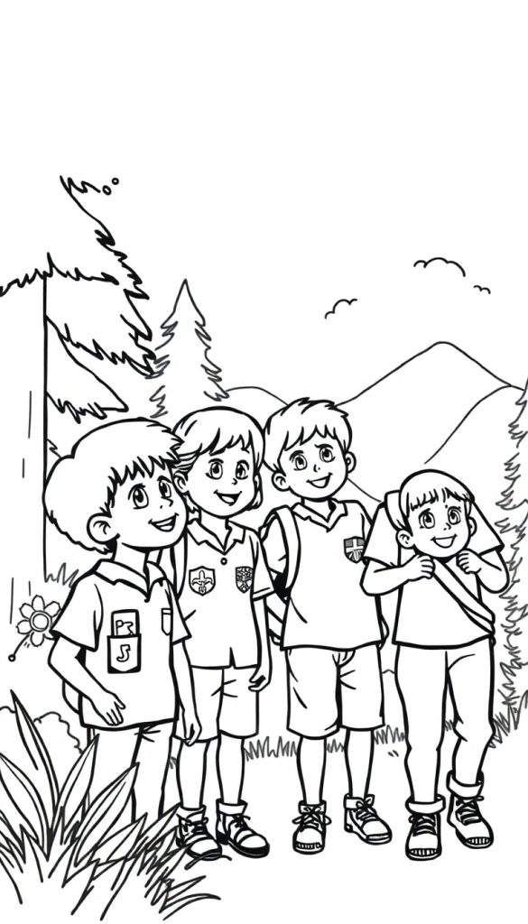 Kleurplaat: blije kinderen in scoutinguniform op zomerkamp in het bos.